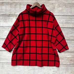 Susan Graver Weekend Red Black Plaid Fleece Tunic Cowl Neck 3/4 Sleeve S